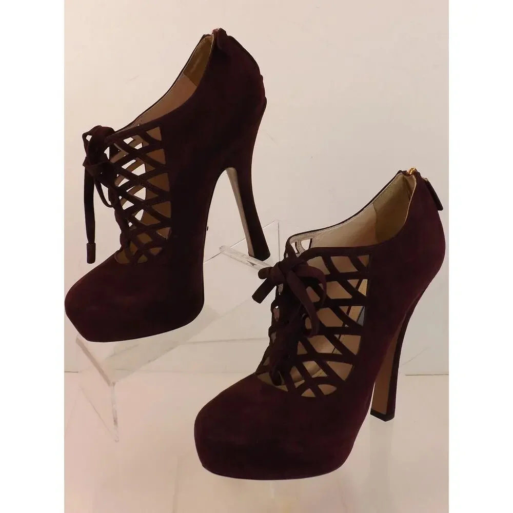 NIB PRADA 1IP156 BURGUNDY SUEDE CAGE CORSET LACE UP BACK ZIP PLATFORM PUMPS 38.5